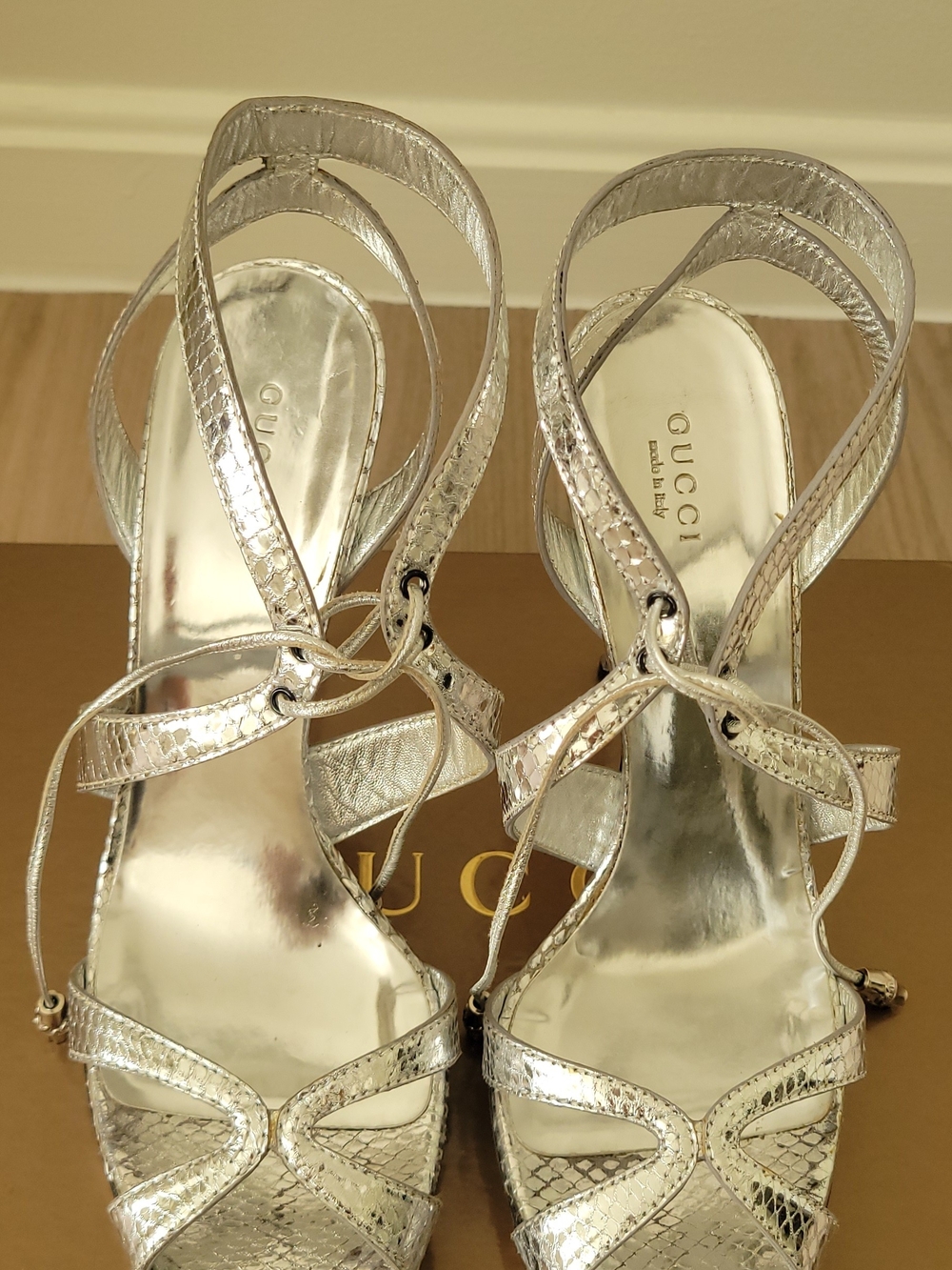 Gucci Metallic Silver Lace-Up High-Heel Sandals -Size 39